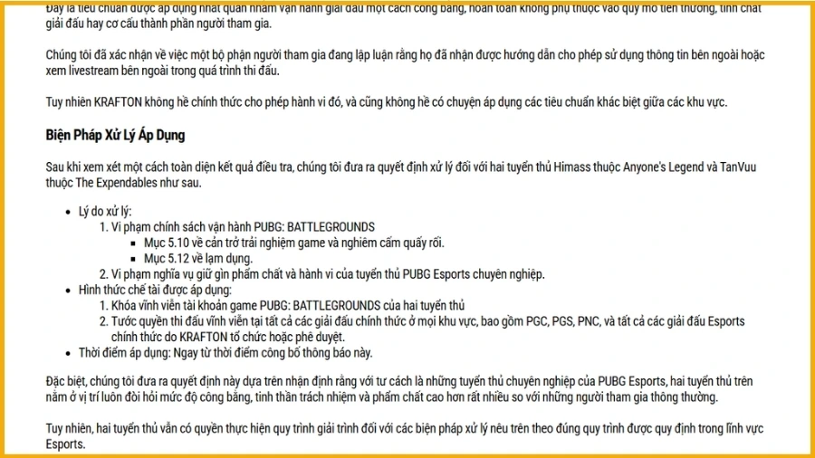 Krafton cấm thi đấu vĩnh viễn Himass và TanVuu sau gian lận tại PUBG Asia Stars 4 Mức xử phạt cao nhất dành cho Himass và TanVuu